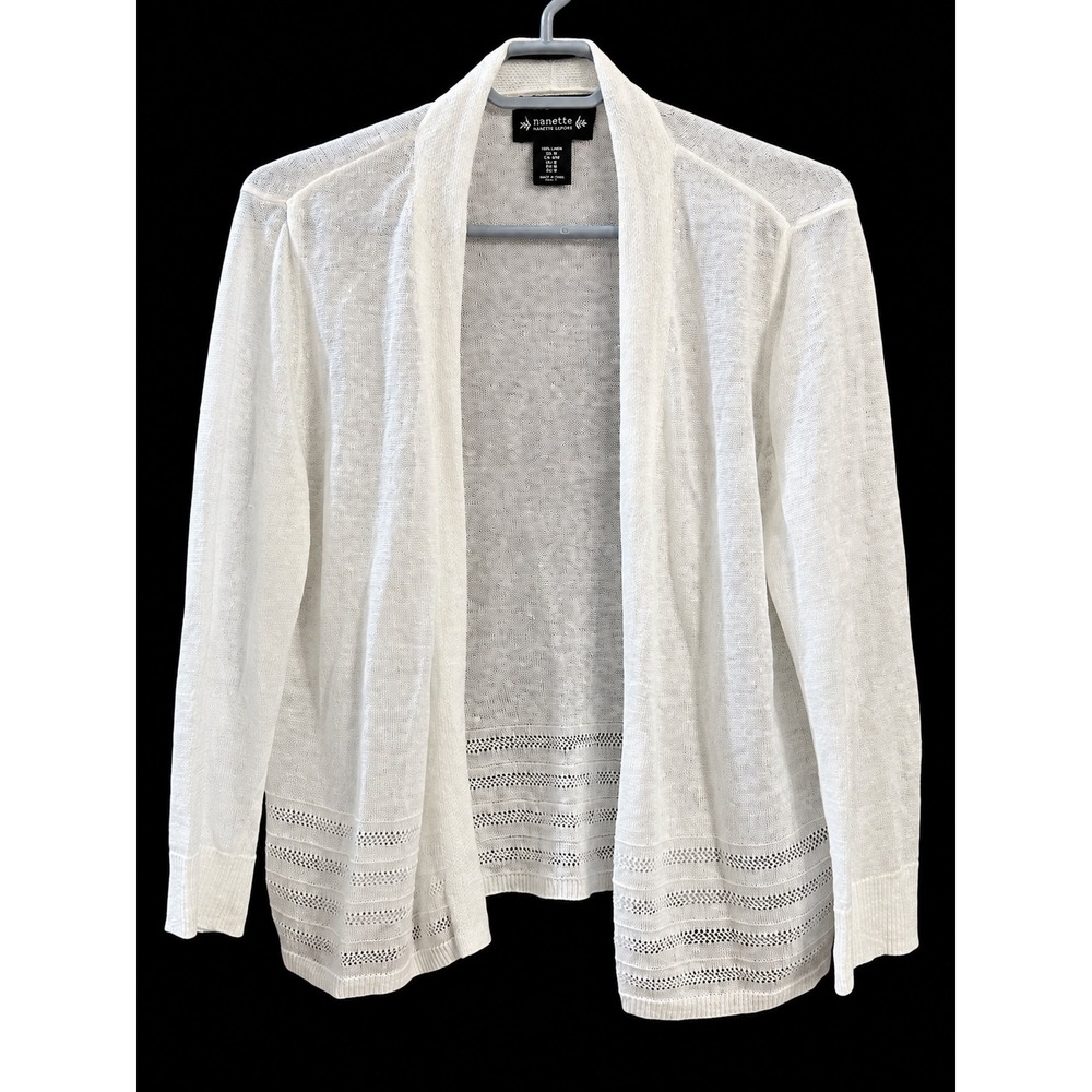 Nanette Lepore 100% Linen Open Front Cardigan White Medium Lightweight Knit